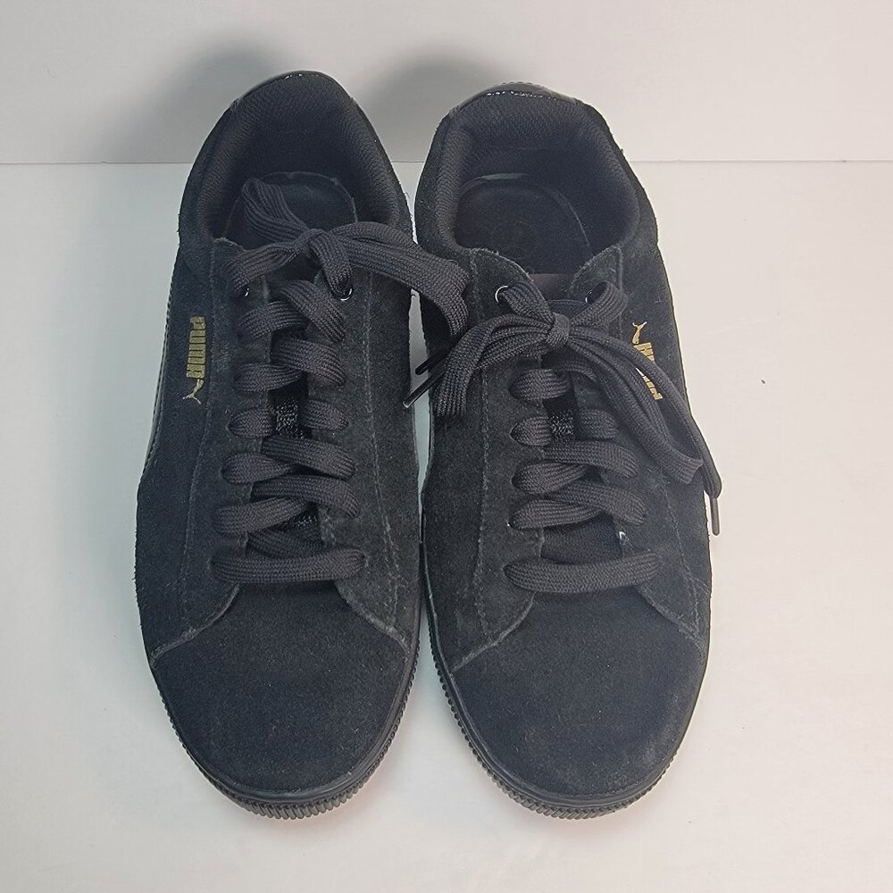 WOMEN'S 7.5 PUMA VIKKY PLATFORM SHOES TRAINERS ALL BLACK SUEDE LEATHER-Preloved